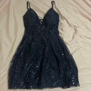 Spaghetti strap Navy Sequin Fit & Flare Dress